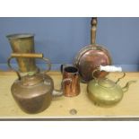 Brass and copper kettles, copper quart jug, brass trumpet vase and copper bed pan