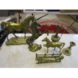 Brass horses, letter rack, candlestick and jug