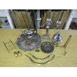 Mixed Silver plate and brass items to include candelabra and bookstands etc