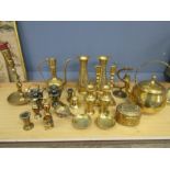 Brass ware inc table lighter, candlesticks, candle snuffer, teapot etc etc