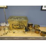 Brass fire box, companion set, planters etc