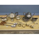 2 EPNS tea pots with milk jugs and sugar bowls, along with napkin rings, ladles, serving cutlery and