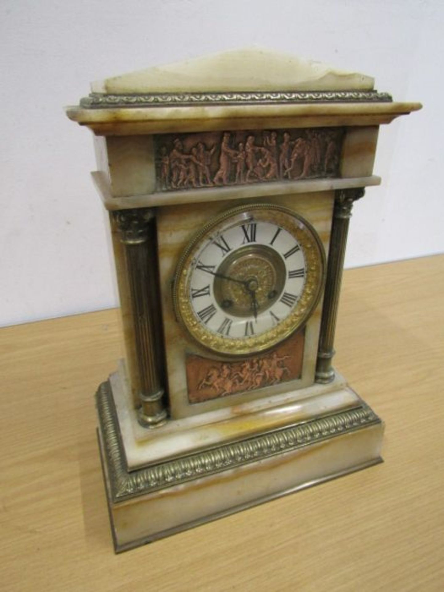 19th Century marble mantel clock with French movement and key H36cm approx