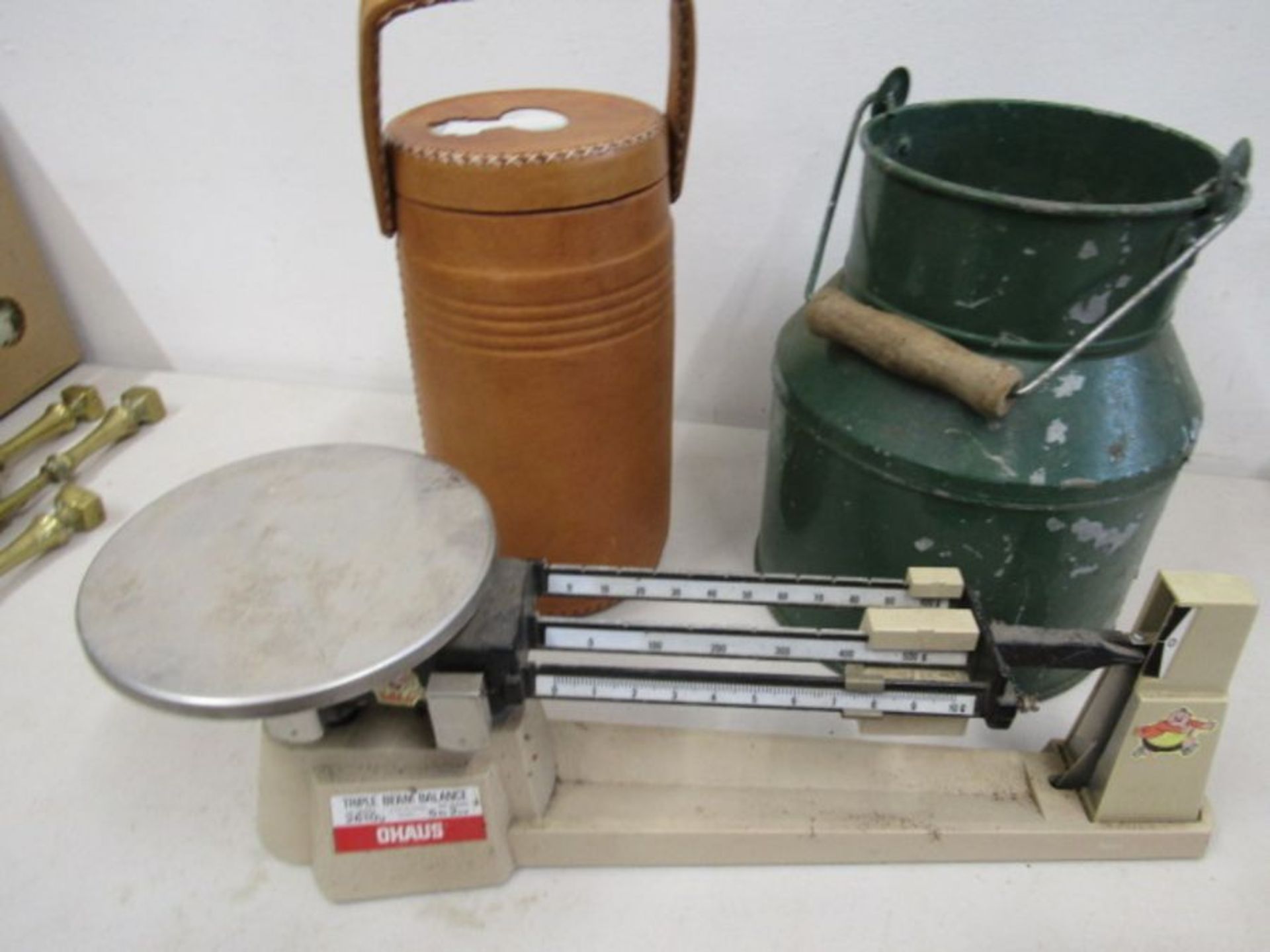 Enamel milk churn, pig cast iron door stop, vintage beam balance scales and leather flask/dispenser - Image 5 of 5