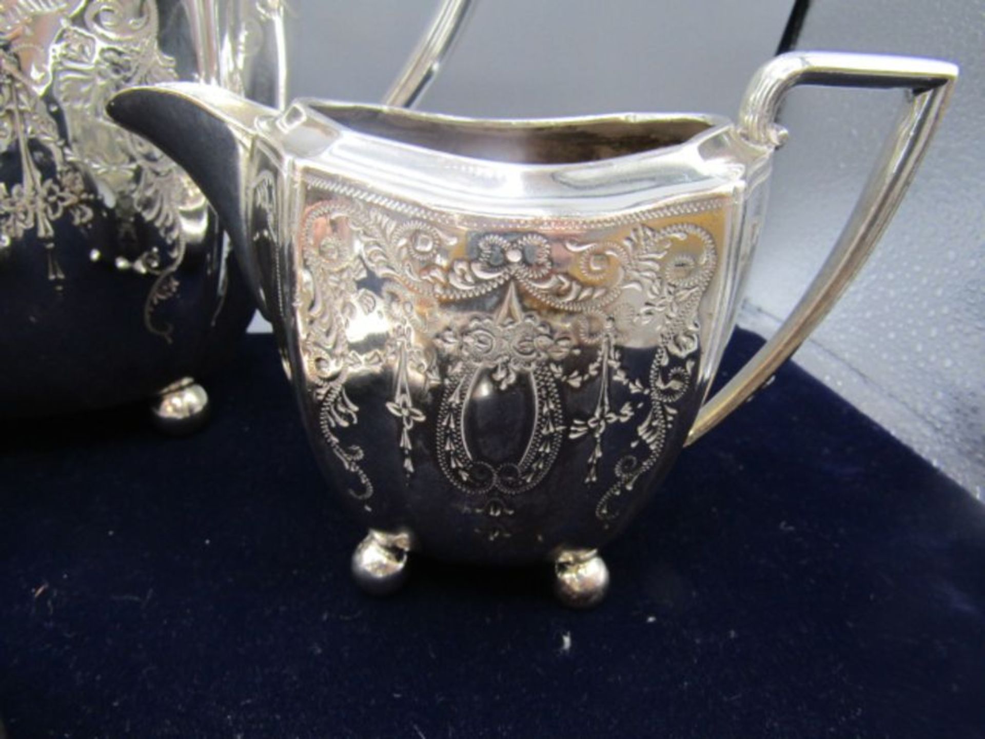 Silver spoon, Silver plate teapot, jug and sugar bowl, Pewter letter opener and condiment pots, 2 - Image 4 of 11