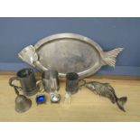 Fish serving tray, tankards and silver plated condiments etc