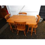 Pine kitchen table and 4 chairs H73cm Top 68cm x 121cm approx
