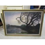 Framed signed oil on canvas of a tree and lion print