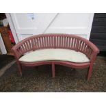 Wooden garden bench with curved back and seat pad. L165cm approx