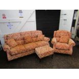 Parker Knoll Red & gold brocade 3 seater sofa, armchair and footstool