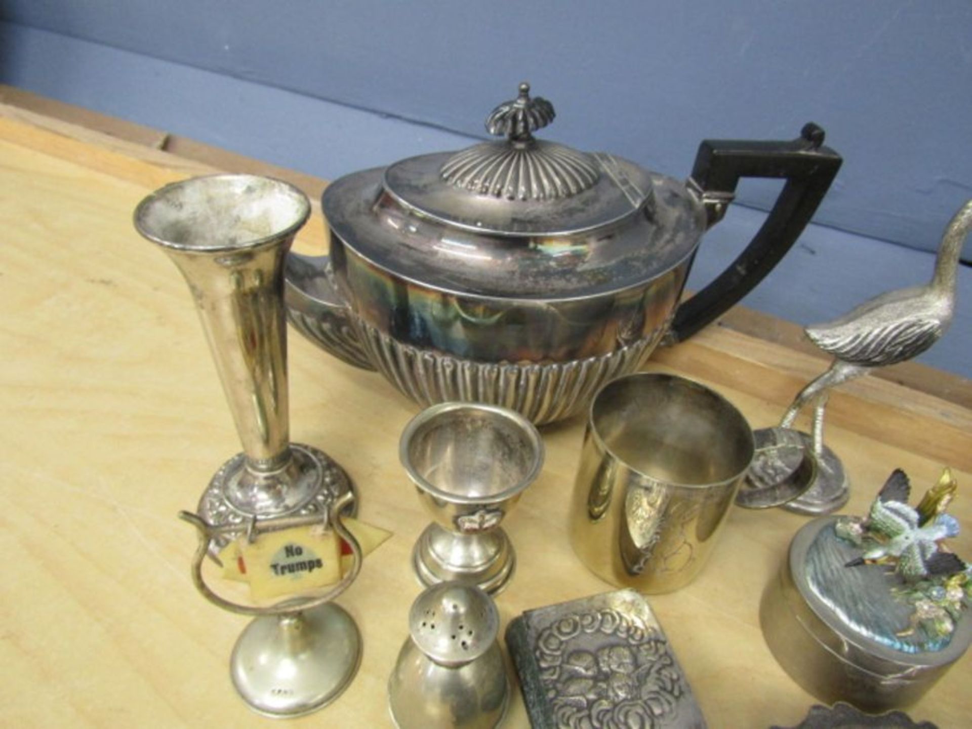 Mixed silver plate and white metal to include fighting cocks, baby rattle, teapot and rose bowl etc - Image 3 of 6