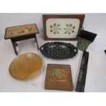 Collectors lot- an inlaid stool, papier Mache bowl, tray with embroidery, vase, wooden bowl, Chinese