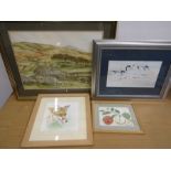 3 water colours and 2 pencil drawings- Rob Keep watercolour 'an evening on Thorpe Fell', K Bailey