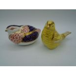 Royal Crown Derby Canary and Partridge Paperweights, both with gold stoppers