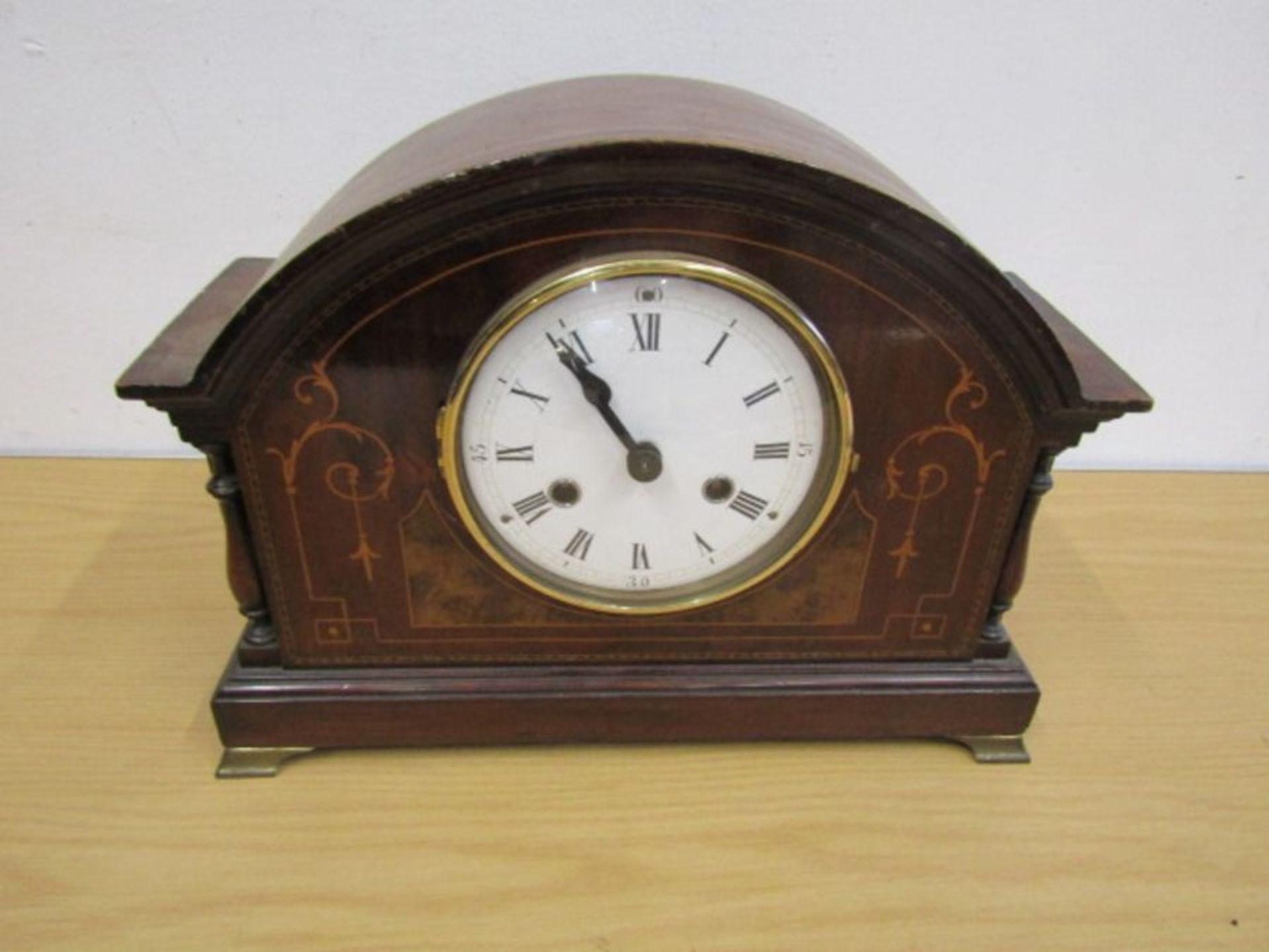Mahogany inlaid mantel clock with key