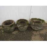 3 Concrete garden pots. Largest H35cm approx