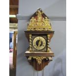 Mahogany and brass Atlas wall clock with weights H52cm approx