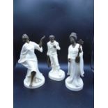 3 Minton cream and bronze figurines to incl Geisha MS26, The Fisherman MS13 and Grecian Dancer