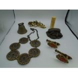 A collection of Brass/metal items to include a swiss cow bell, sword dispaly expandable brackets,