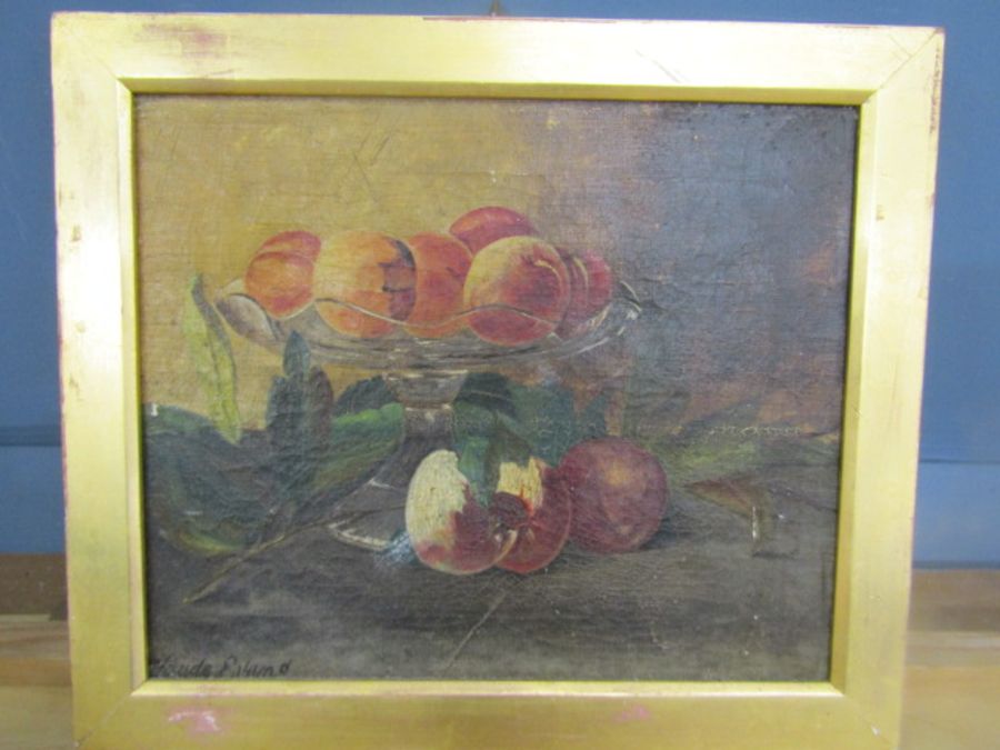 Oil on canvas of fruit still life signed bottom left Claude ? some historic damage