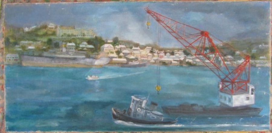 Theresa D' Elia (1918-2011)oil on canvas of a harbour scene .Listed artist 89x44cm