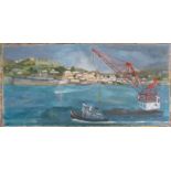 Theresa D' Elia (1918-2011)oil on canvas of a harbour scene .Listed artist 89x44cm
