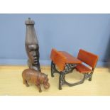 African carved lamp base, treen hippo and small desk with cast iron legs