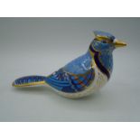 Royal Crown Derby blue Jay bird with gold stopper, approx 17cm long x 9cm tall