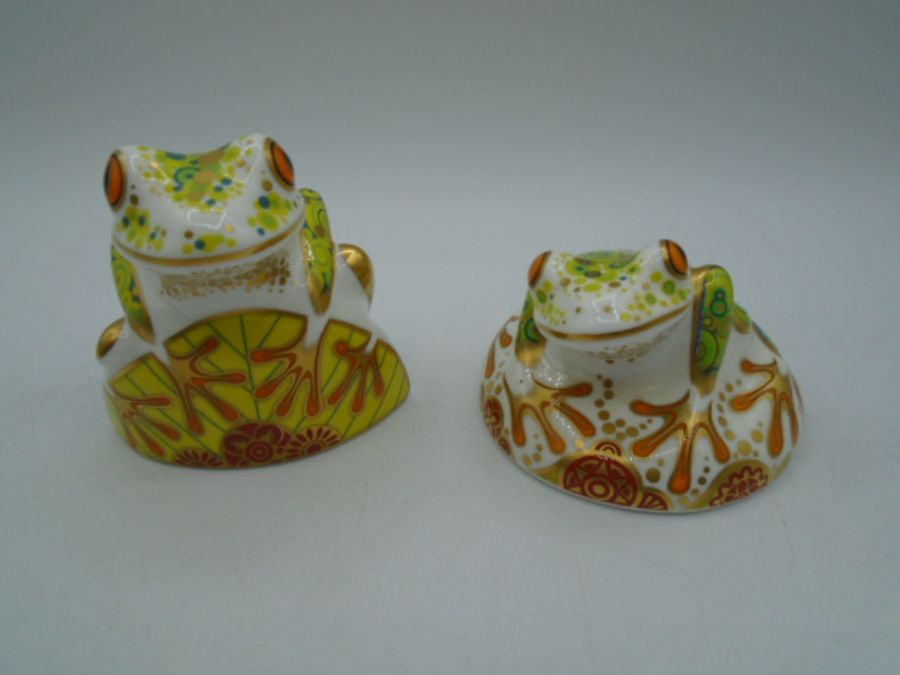 2 Royal Crown Derby paperweight frogs 'Skip' and 'Hop', both with gold stoppers