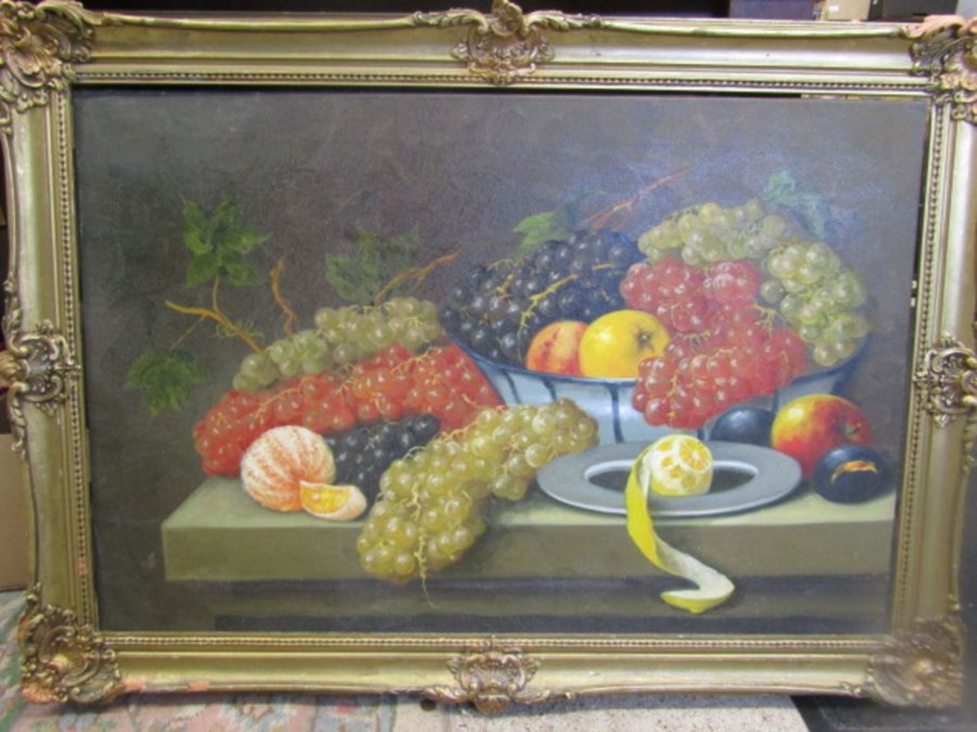 Large fruit still life oil on canvas in gilt frame 41.5x30.5cm