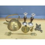 Brass kettle, Alsatian hooks and pair of candle sticks etc