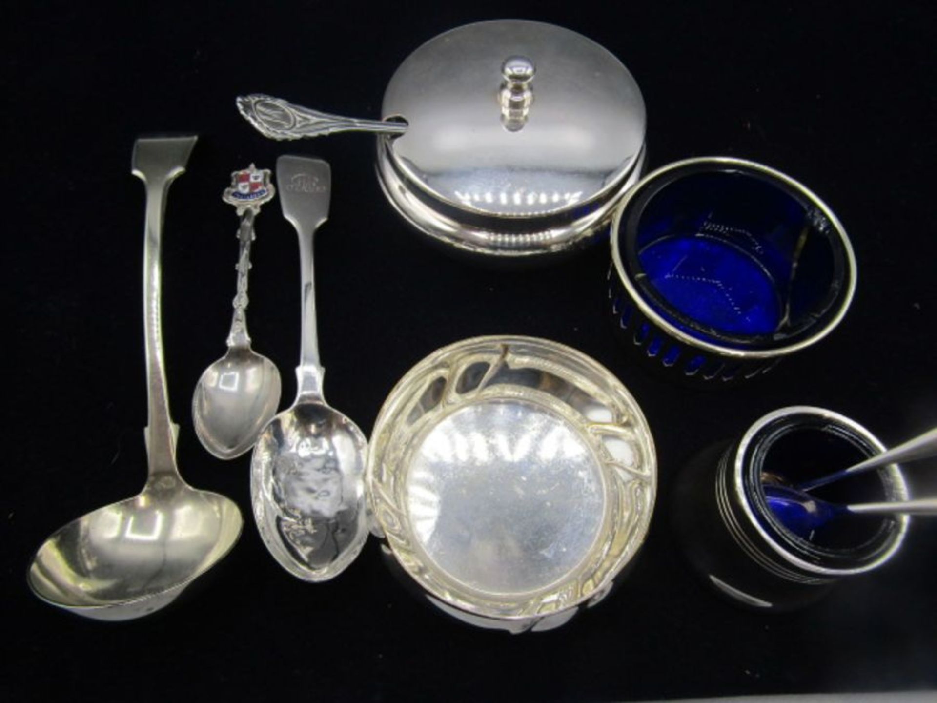 Silver spoon, Silver plate teapot, jug and sugar bowl, Pewter letter opener and condiment pots, 2 - Image 8 of 11