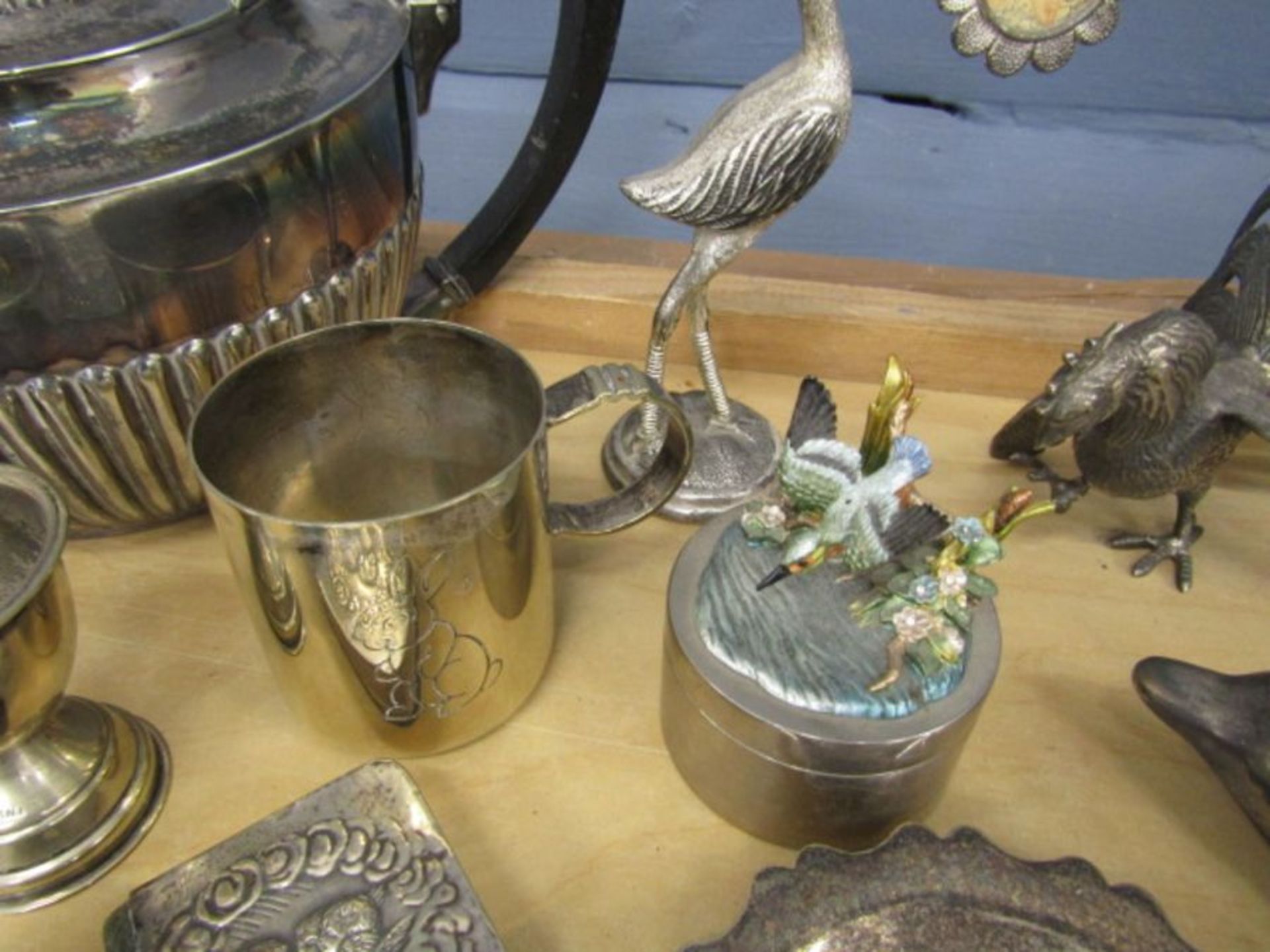 Mixed silver plate and white metal to include fighting cocks, baby rattle, teapot and rose bowl etc - Image 6 of 6