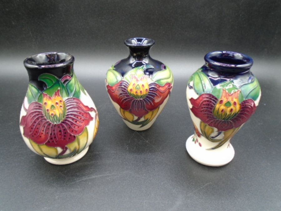 3 Moorcroft Anna Lily pattern small vases design by Nicola Slaney, impressed and painted marks to