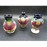 3 Moorcroft Anna Lily pattern small vases design by Nicola Slaney, impressed and painted marks to