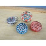 3 Millefiori paperweights and turtle paperweight