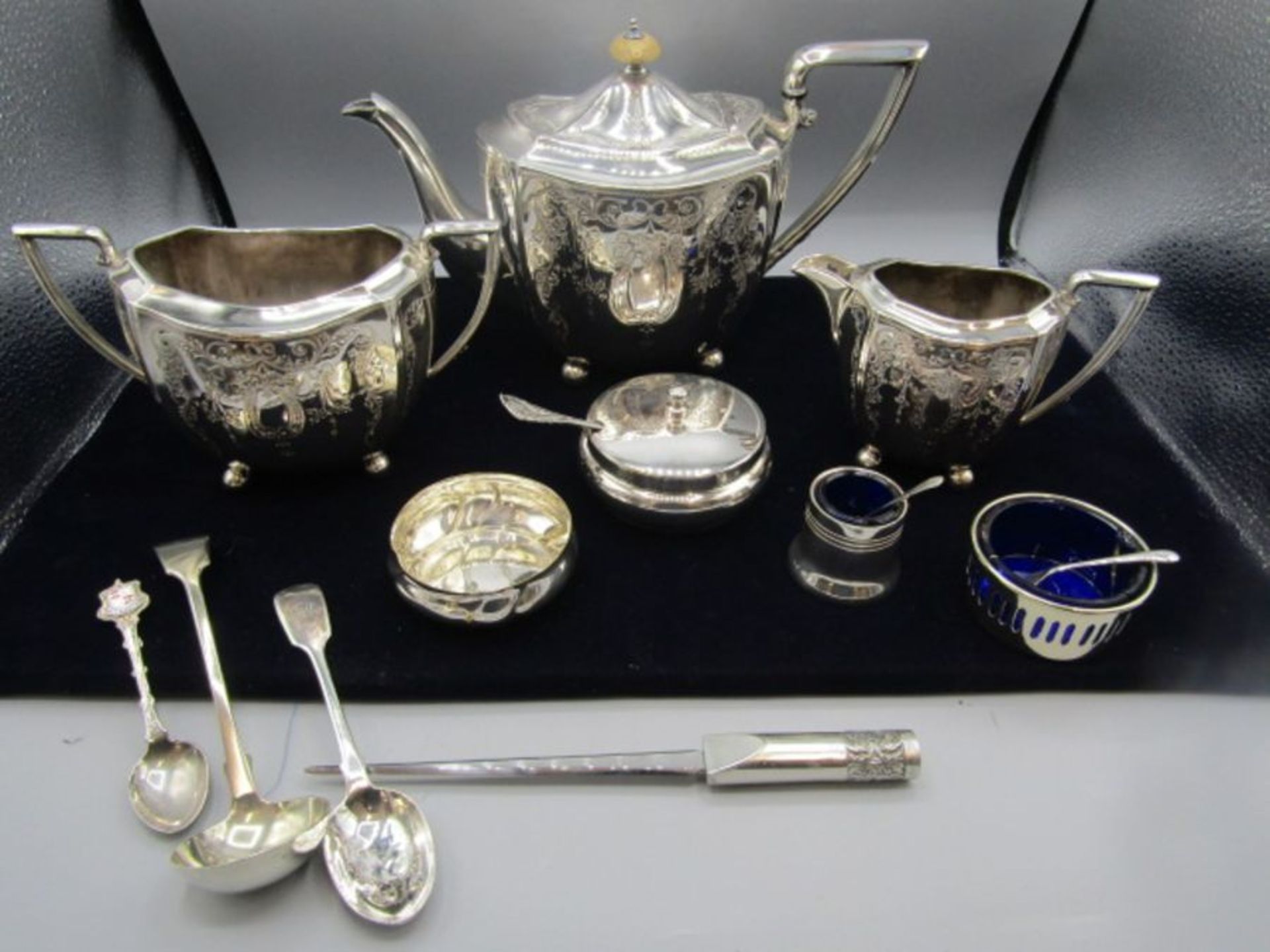 Silver spoon, Silver plate teapot, jug and sugar bowl, Pewter letter opener and condiment pots, 2