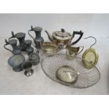 Pewter lidded jugs, plated tea set and others