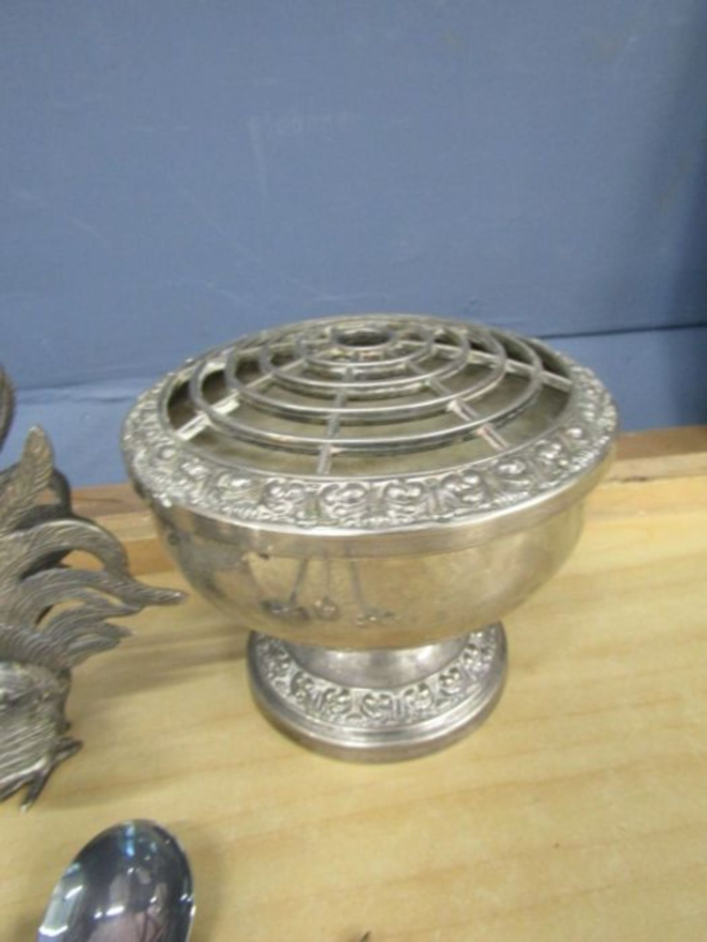 Mixed silver plate and white metal to include fighting cocks, baby rattle, teapot and rose bowl etc - Image 4 of 6