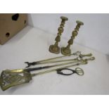 Pair brass candlesticks and fire irons