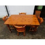 Pine kitchen table and 4 chairs H77cm Top 90cm x 152cm approx