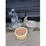 Concrete birdbath, ceramic pot and resin lady statue