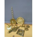 Brass candle sticks, bellows and bell etc