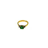 18ct yellow and white gold ring ring with Emerald (6.5mm x 6.5mm) and a claw set diamond on each