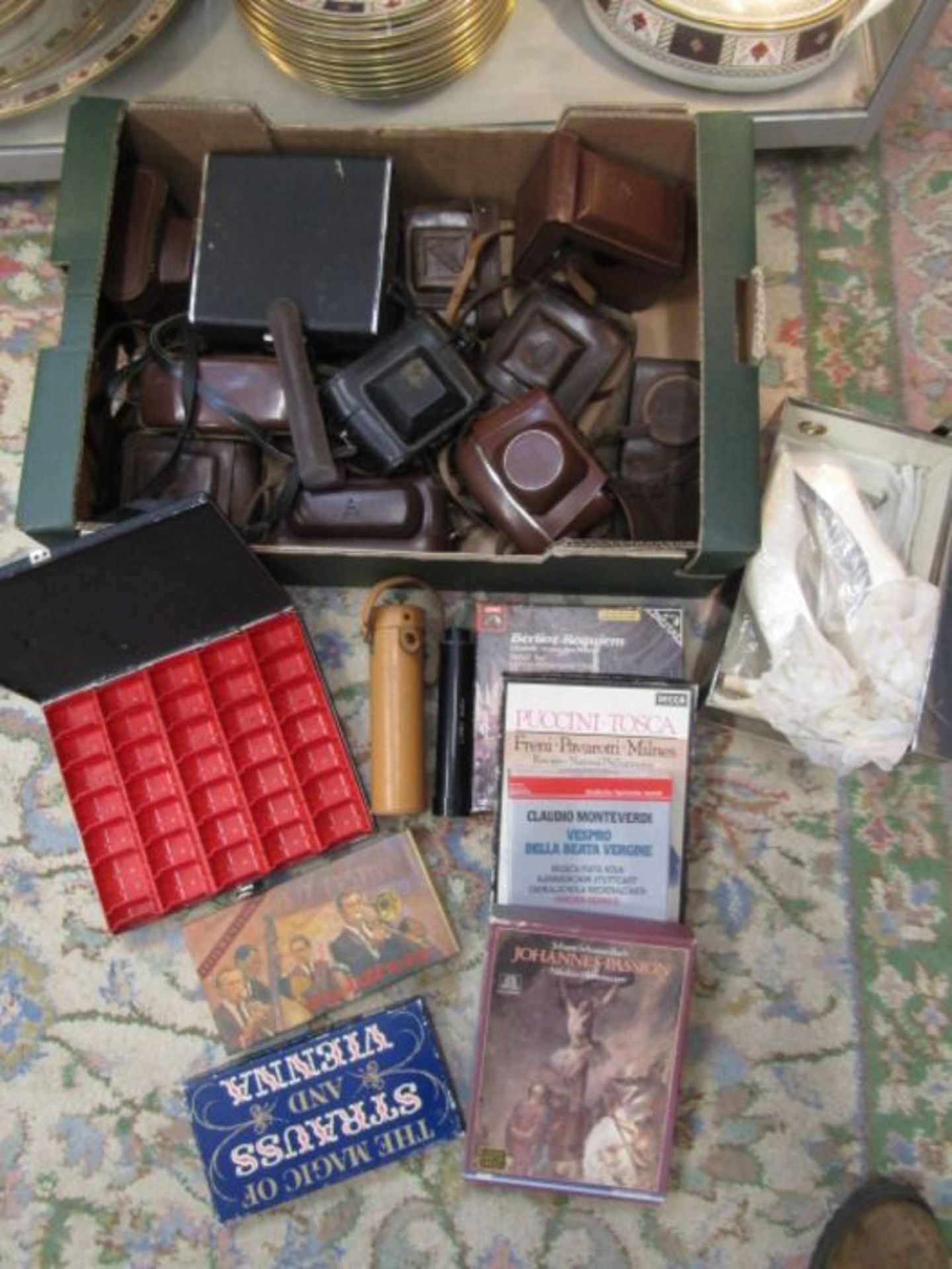 Telescope, box vintage camera cases, coin box, Wedding shoes and classical tape collection