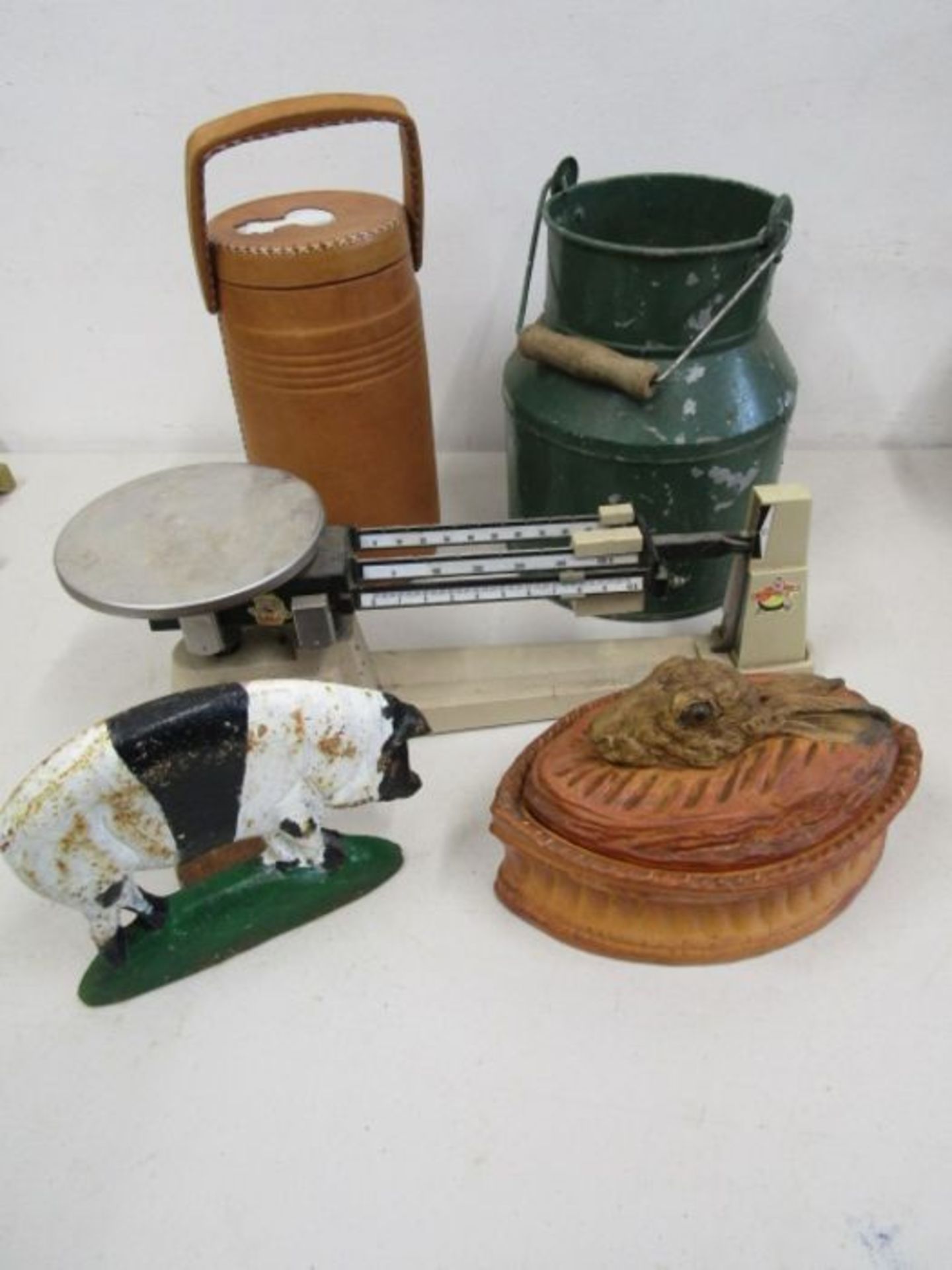 Enamel milk churn, pig cast iron door stop, vintage beam balance scales and leather flask/dispenser - Image 2 of 5