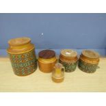 Hornsea Bronte biscuit barrel, tea cannister, 2 sugar cannisters and oil/vinegar jug