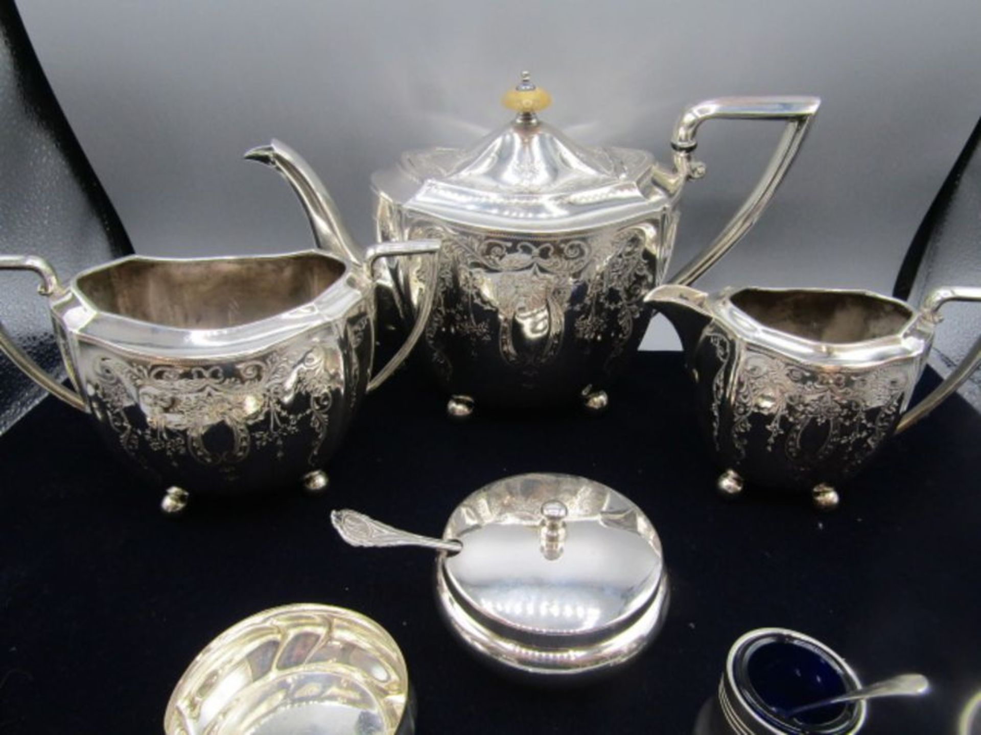 Silver spoon, Silver plate teapot, jug and sugar bowl, Pewter letter opener and condiment pots, 2 - Image 2 of 11