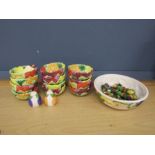 Set of 12 hand painted ceramic fruit bowls, large bowl and spoons etc