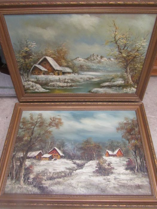 2 signed landscape paintings on canvas in wooden frames 105x78cm